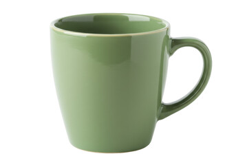 Isolated green coffee mug for morning drink; ceramic cup with handle on plain surface