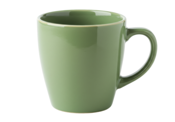 Isolated green coffee mug for morning drink; ceramic cup with handle on plain surface