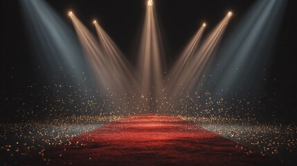 Illuminated Red Carpet Event: Dramatic spotlights highlight a red carpet, creating a sense of glamour and anticipation with sparkling accents and dark background.