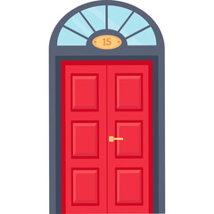 Obraz premium Red Double Door With Golden Handle And Translucent Window Above With Number Fifteen On Oval Plaque Isolated On White Background