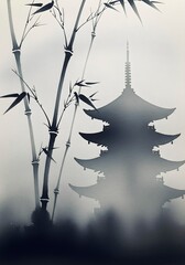 Traditional Asian Pagoda And Bamboo Ink Wash Scene