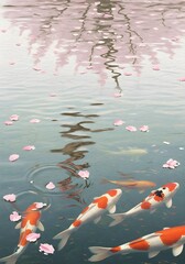 Vibrant Koi Fish Swim Beneath Soft Pink Cherry