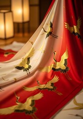 Elegant Japanese Silk Fabric With Golden Cranes And