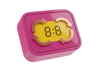 Isolated pink icon with digital clock and circular arrow symbol on yellow display screen