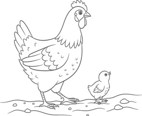 Charming line art illustration of a hen and her chick walking together, perfect for farm animal themes, children's coloring books, and educational content.