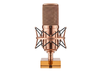 Isolated antique copper microphone with a pop filter stands alone on a clean surface