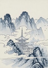Serene East Asian Pagoda Nestled Among Misty Mountain