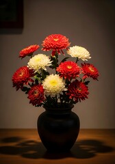 Vibrant Red And White Mums In Dark Vase