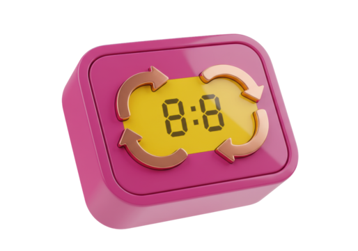 Isolated pink icon with digital clock and circular arrow symbol on yellow display screen