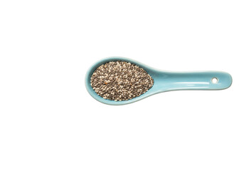 Isolated turquoise spoon containing chia seeds, a nutrient dense superfood for good health.