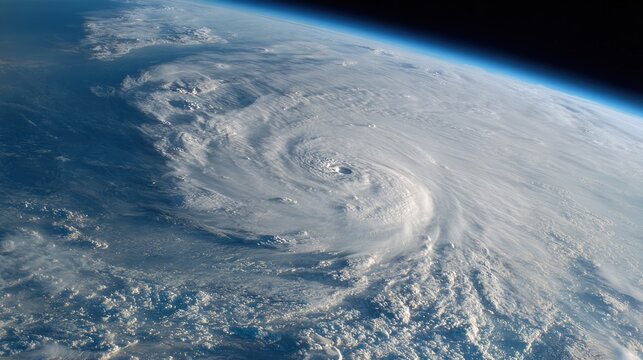 A dramatic aerial view of a swirling hurricane over a blue planet from space