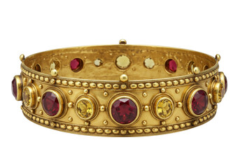 Isolated ornamental gold crown with cabochon stones, precious jewelry headwear from royalty era