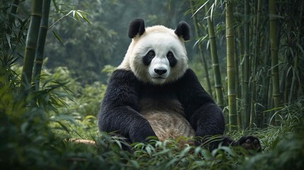 Obraz premium A majestic giant panda, with its iconic black and white fur, sits peacefully amongst lush green bamboo stalks in a serene forest clearing.