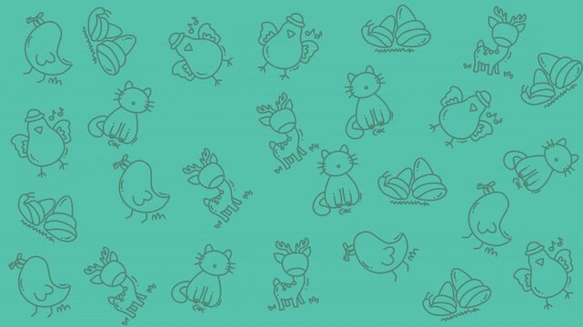 Teal background with cat, bird, and shell outlines. Ideal for animalthemed designs, posters, and greeting cards. Perfect for cat lovers.