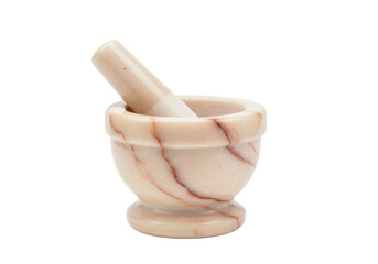 Isolated mortar and pestle set for grinding herbs and spices to season food and drink