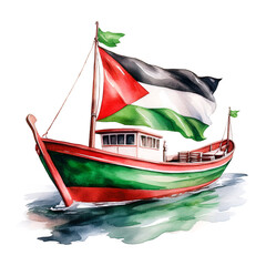 Watercolor depicting a humanitarian boat with a Palestinian flag for a free Palestine, on a white background. A flotilla illustration symbolizing solidarity, love, and humanity. 