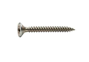 Isolated screw lies horizontally, showing head, threads, tapered tip, metal fastener object