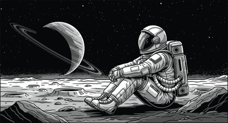 Astronaut contemplates Saturn from lunar surface in a stunning space exploration concept art illustration © Husmath