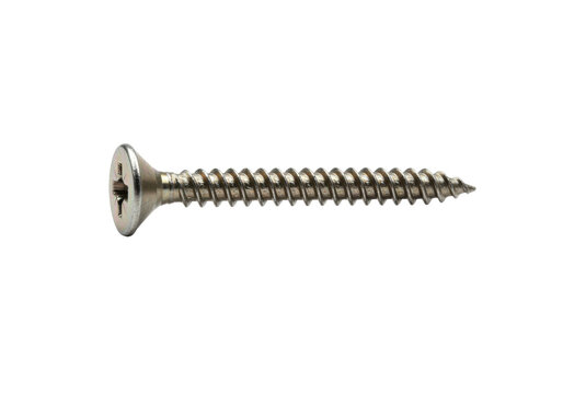 Isolated screw lies horizontally, showing head, threads, tapered tip, metal fastener object