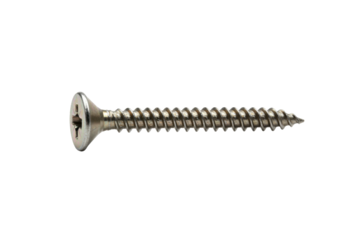 Isolated screw lies horizontally, showing head, threads, tapered tip, metal fastener object