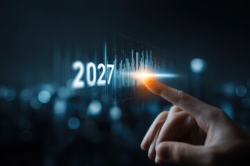 Future Year 2027 Growth Technology Advancement Digital Innovation Progress Modern Hand Touching Interactive Screen Tech Era Forecast Development Creative Business Planning Ideas