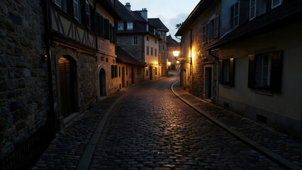Golden Twilight Over Cobblestone Lane