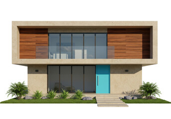 Isolated modern house two-story with flat roof, wooden siding, and blue front door © Lisa