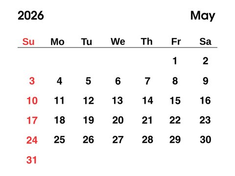 Calendar for May 2026 year with Sundays highlighted in red, clear layout and modern design