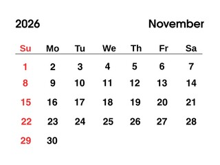 November 2026 year calendar page showing dates, weekdays and month name on clean white background
