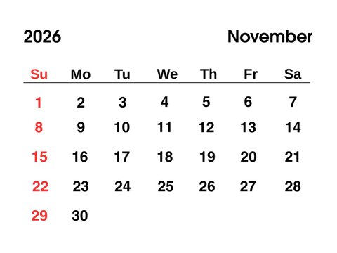 November 2026 year calendar page showing dates, weekdays and month name on clean white background