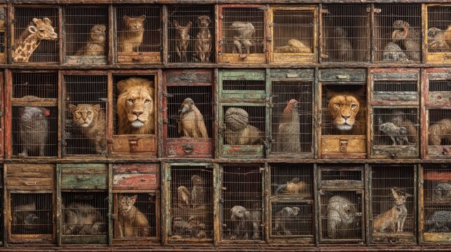 Animals in vintage caged display