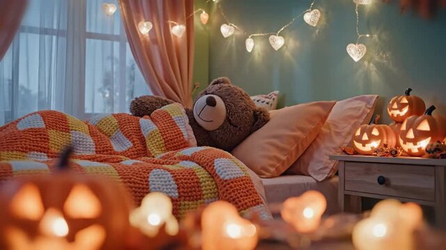 cozy mint and peach bedroom with heart garlands glowing jackolanterns and a sleepy bear plush under a candy corn blanket