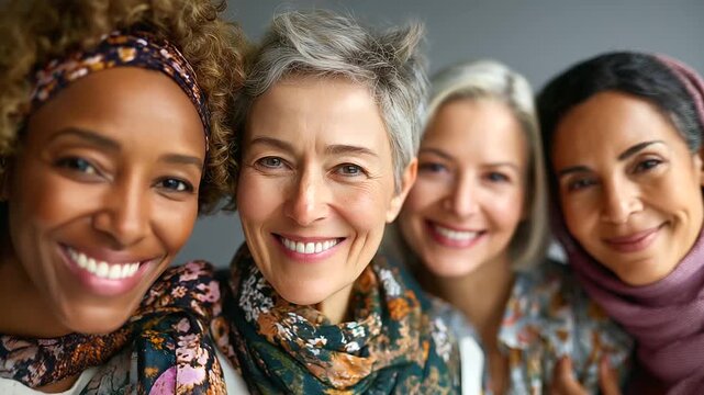 Multi-ethnic group of happy mature women bonding against grey background, under gentle studio light, highlighting warm connections and stylish attire, serene portrait scene, calm g