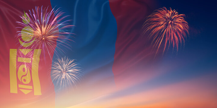Waving National flags of Mongolia In sky with fireworks and text