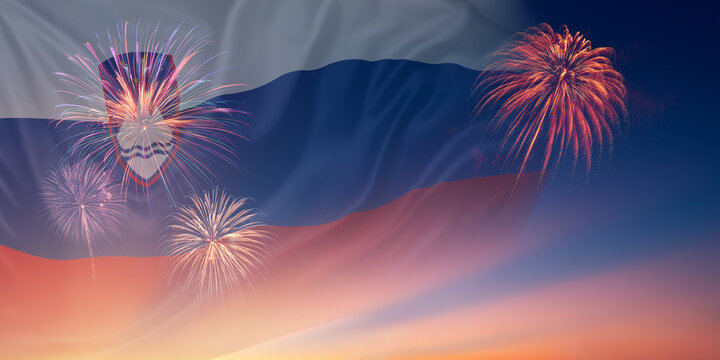 Waving National flags of Slovenia In sky with fireworks and text