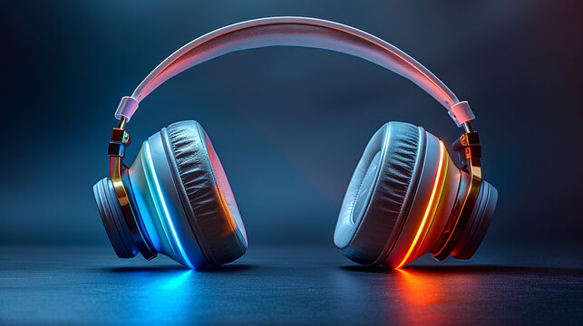 Modern futuristic headphones glowing with vibrant neon blue and red lights resting on a wooden floor, symbolizing the harmony of technology, music, innovation, and immersive sound in a stylish, contem
