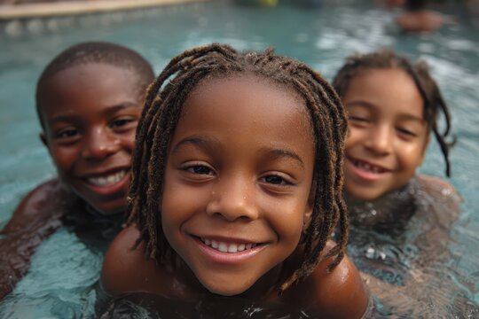 African American Kids Swimming. Happy Children with Cute Smiles in Pool
