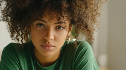 Naklejka premium Afro American Teen Determined. A Portrait of a Confident Young Black Woman in Casual Green T-shirt