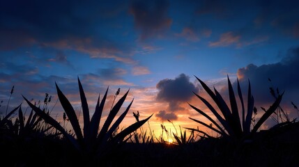 Agave Sunset Landscape. Backlit Agave Plants with Sun Among Clouds at Dawn