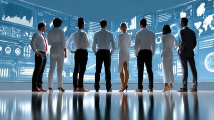 Visionaries in the Digital Frontier: A collective of professionals gazes towards a digital landscape, immersed in a futuristic interface and the promise of technological advancement. - Powered by Adobe