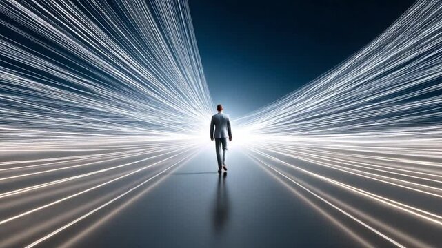 Journey of Vision: An individual strides confidently along a path of radiant light, his silhouette symbolizing the pursuit of progress and innovation.