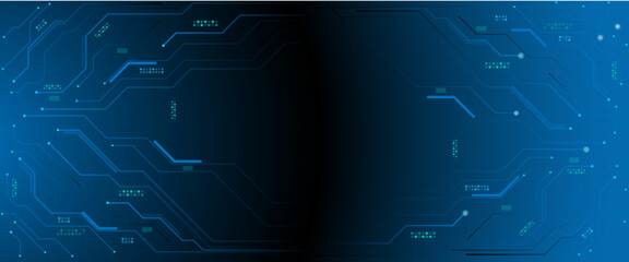 Circuit blue board texture on black technology web banner background. Horizontal web banner with empty place for text.