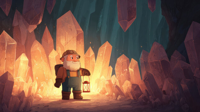 Cartoon miner with lantern in a crystal cave, warmly lit, creates an adventurous scene