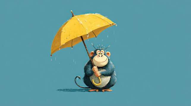 Cartoon monkey happily shelters under a bright yellow umbrella in the falling rain