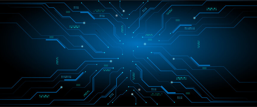 Circuit blue board texture on black technology web banner background. Horizontal web banner with empty place for text.