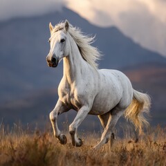 Obraz premium Andalusian Horse in Spaniard's Valley: White Equine Galloping in Scenic Mountain Landscape