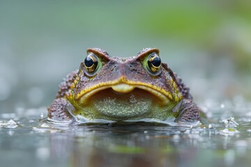 Fototapeta premium Angry Frog. A Close-up of Green Amphibian Toad Revealing Its Under Mouth