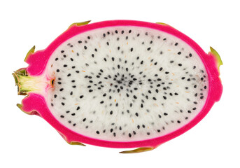 Isolated dragon fruit cut in half, showing its white flesh and small black seeds, indoors