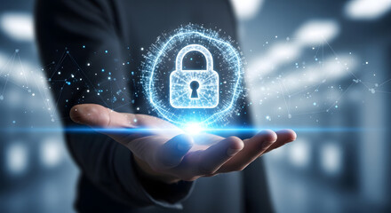 Secure digital future presented by hand holding glowing padlock, symbolizing cybersecurity, data protection, and innovative technology solutions for business success in the modern age