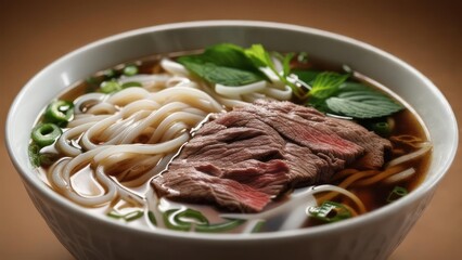 Warm up with a tasty bowl of Pho noodle soup with delicious beef and fresh garnishes, perfect for a cozy meal